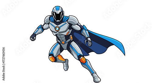 Futuristic Superhero in Blue and White Armor Dynamic Pose.