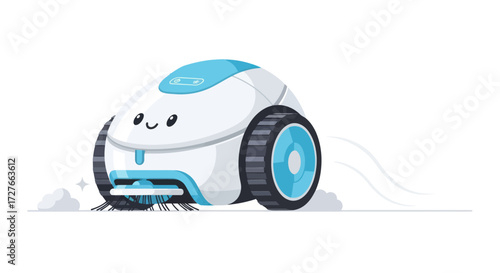 Adorable cartoon robot vacuum cleaner with a friendly face cleaning the floor.