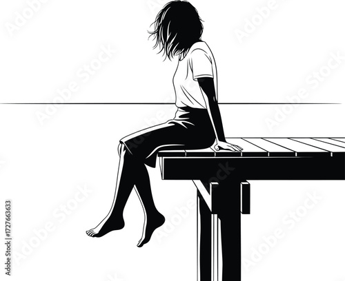 Silhouette of a young woman sitting barefoot on a wooden pier overlooking the water