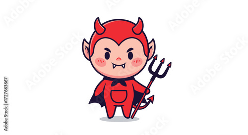 Cute Cartoon Devil Character with Horns and Trident.