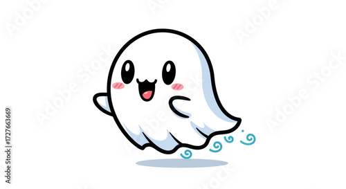 Adorable Cartoon Ghost Character Floating Happy Expression.