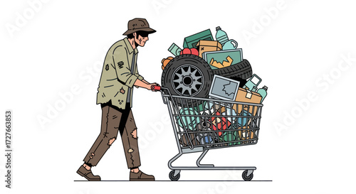 Illustrated Homeless Person Pushing Overflowing Shopping Cart with Collected Items.