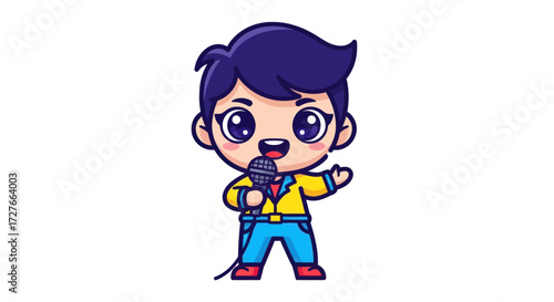 Adorable Cartoon Boy Holding Microphone Ready to Sing.