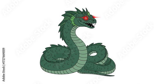 Cartoon Green Dragon with Red Eyes and Horn Coiled Body.