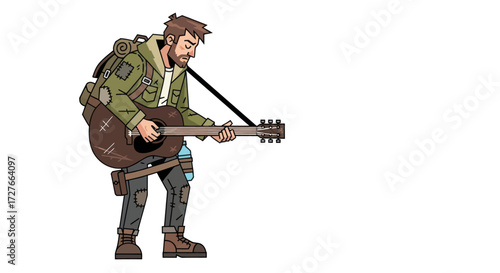 Cartoon Man with Guitar: A rugged character playing a makeshift instrument.