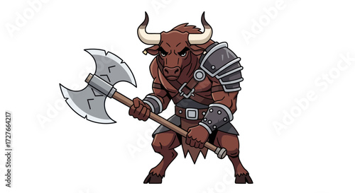 Fierce Minotaur Warrior with Double-Bladed Axe and Armor.