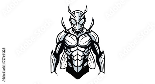 Stylized Insectoid Superhero Character Illustration with Antennas and Armored Body.