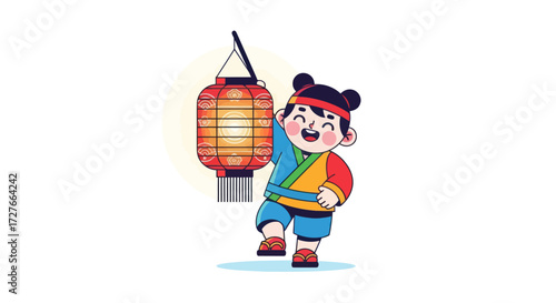 Cheerful child in traditional attire holding a glowing lantern.