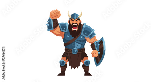 Fierce Viking Warrior with Shield and Horned Helmet Roaring in Battle.