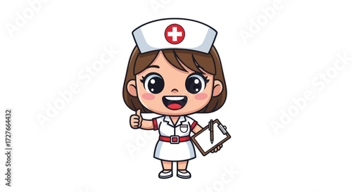Cute Cartoon Nurse Character Giving Thumbs Up Holding Clipboard.