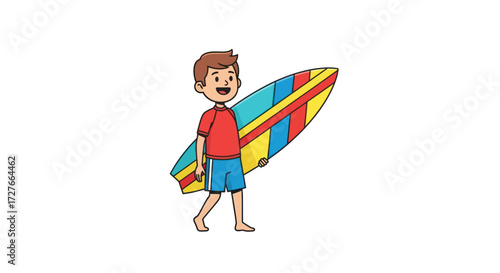Happy cartoon boy with brown hair walking and carrying a colorful striped surfboard.