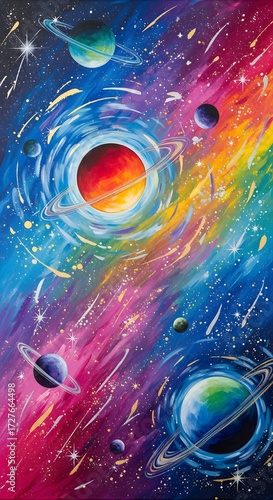 Colorful galaxy painting with planets and stars in space, cosmic art with vibrant colors