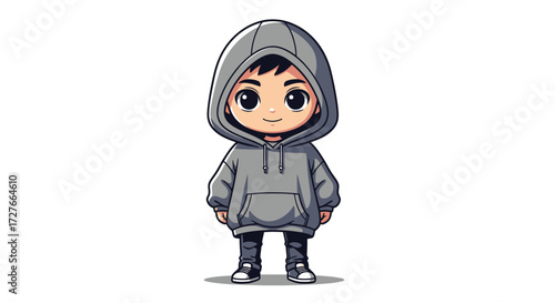 Cartoon Boy Wearing Gray Hoodie and Smiling Happily.