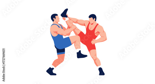 Two Male Wrestlers in Intense Grappling Match.