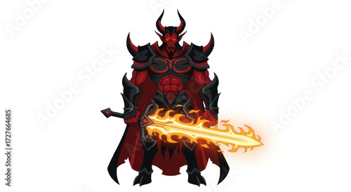 A powerful red demon warrior in dark spiky armor wielding a large flaming sword.