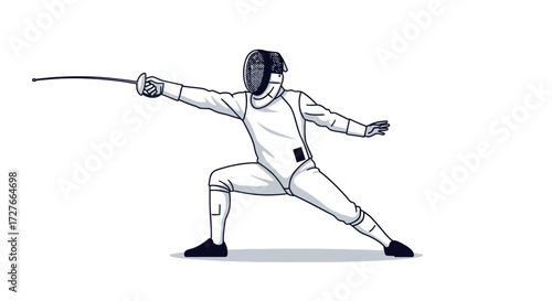 Fencer in White Uniform with Foil in Attack Stance.