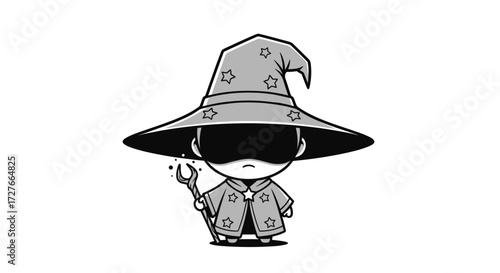 Cartoon Wizard Character Holding Magic Wand Wearing Hat.