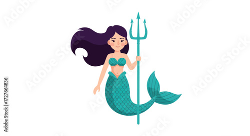 Cartoon Mermaid with Dark Hair Holding a Trident.