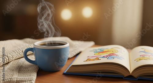 A close-up, rendered image shows a still life scene on a wooden table, featuring a steaming cup of dark coffee and an open children's book.