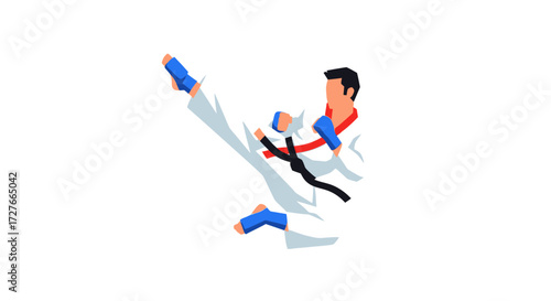 Dynamic Martial Arts Practitioner Performing High Kick in White Gi and Black Belt.