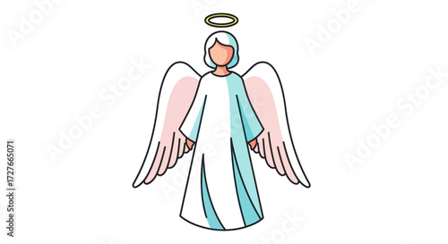 Cartoon Angel with White Robe and Halo Wings Spread.