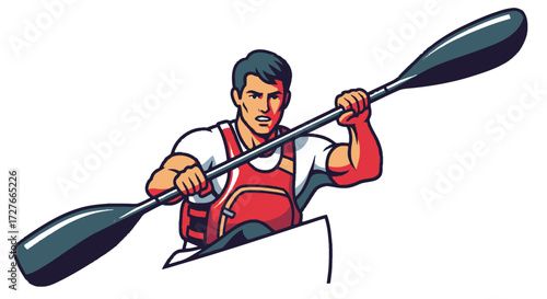 Muscular Man Paddling Kayak with Red Life Vest and Paddle.