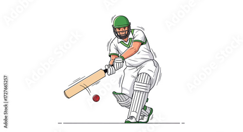 Cricketer in action swinging a bat to hit a red ball during a match.