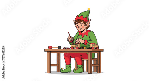Cartoon Elf Crafting Toys at Wooden Workbench for Christmas.