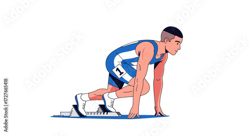 Male sprinter in starting position blue and white uniform ready to race.