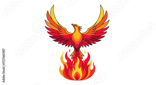 Colorful Phoenix Bird Rising from Fiery Flames Illustration.
