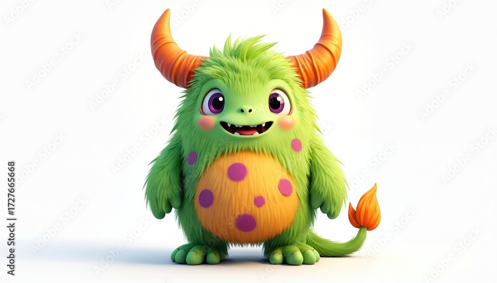 Fototapeta premium Green furry cartoon monster with orange horns, tail stands on white background. This cute, friendly creature has purple dots on its belly, big eyes smiling happily. Perfect for kids content, designs.