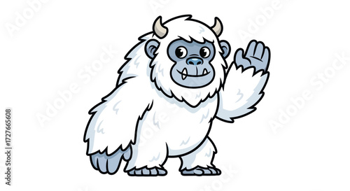 Cartoon Yeti Character with White Fur and Horns Waving.