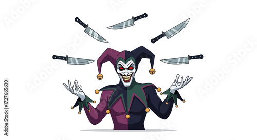 Evil Jester Juggling Sharp Knives with Sinister Grin.