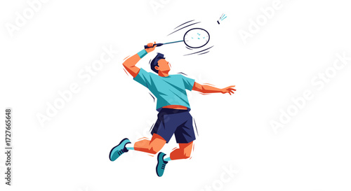 Athletic Man in Mid-Air Playing Badminton with Racket and Shuttlecock.
