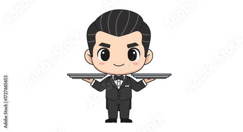 Chibi cartoon waiter character in tuxedo holding two serving trays.