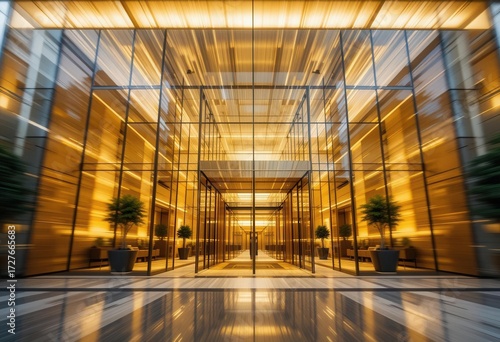 Opulent Office Lobby with Golden Glass, Energetic Motion Blur, and an Inviting Atmosphere of Corporate Triumph