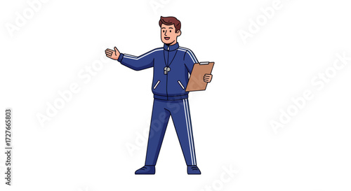 Cartoon Illustration of a Sports Coach Holding Clipboard and Whistle.