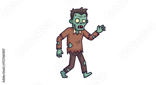 Cartoon illustration of a walking zombie with tattered clothes and green skin.