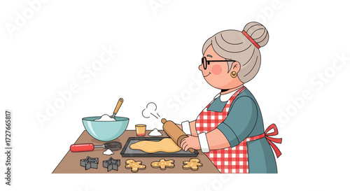 Cheerful Grandma Baking Homemade Cookies Rolling Dough with Cutters on a Tray.