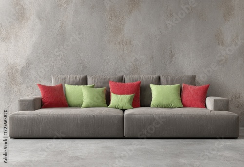 A modern, minimalist sofa with vibrant red and lime green accent cushions is displayed against a textured concrete wall in a neutral, contemporary living room setting.
