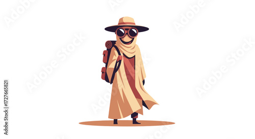 Cartoon Character in Desert Outfit with Hat and Backpack.