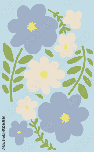 Vibrant retro floral pattern with abstract blooms and leaves on a creamy background.