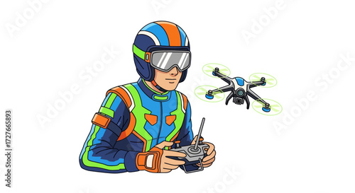 Pilot Controlling Drone with Remote Wearing Protective Gear.