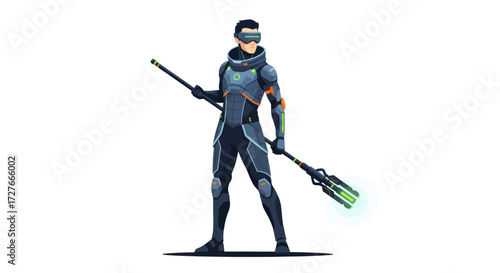 Futuristic warrior in sleek armor holding a glowing staff.