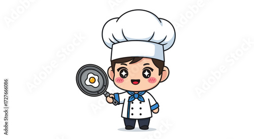 Adorable Cartoon Chef Character Holding a Frying Pan with Fried Egg.