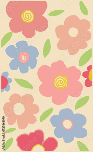 Vibrant retro floral pattern with abstract blooms and leaves on a creamy background.