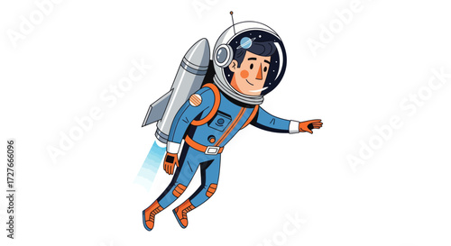 Cartoon Astronaut with Jetpack Soaring Through Space.