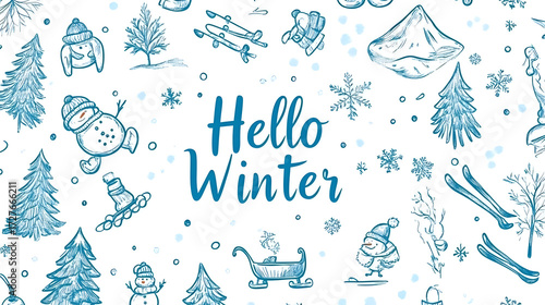 Playful winter doodle illustration with snowmen, trees, and winter fun elements
