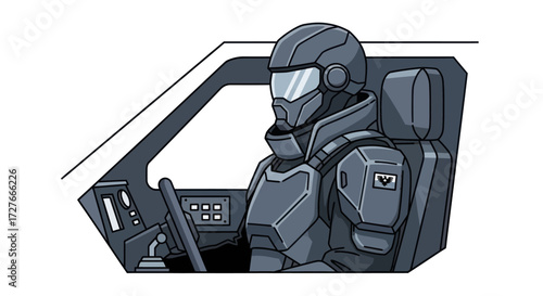 Futuristic Soldier in Armored Vehicle Cockpit.