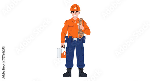 Illustrated Male Construction Worker in Orange Hard Hat with Tool Belt and Clipboard.